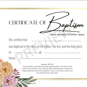 Plantilla de certificado de bautismo imprimible KJV Descarga digital instantánea Floral Gold
