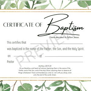 Plantilla de certificado de bautismo imprimible KJV Descarga digital instantánea Acuarela Planta verde