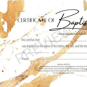 Plantilla de certificado de bautismo imprimible KJV Descarga digital instantánea Marble Gold