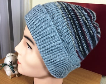 Herren und Damen Beanie Strickmütze grau-weinrot