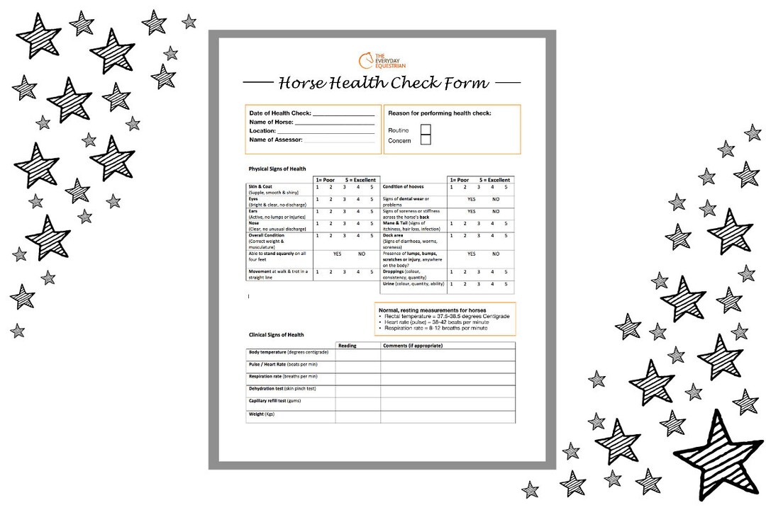 Horse Health Check Sheet, Equestrian, Equine, Horse Printable