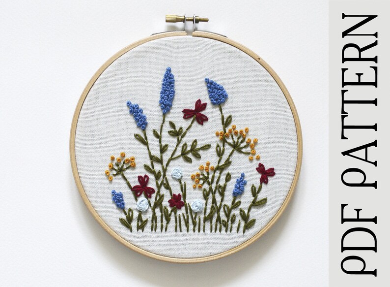 Botanical Hand Embroidery Pattern DIY Embroidered Wildflowers Beginner Floral Embroidery Pattern DIY Hand Stitched Hoop Art