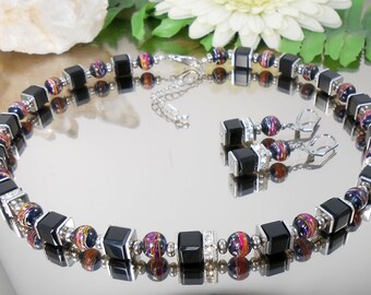 Set of 2 glass cubes necklace/necklace + earrings in black + rhinestone squares