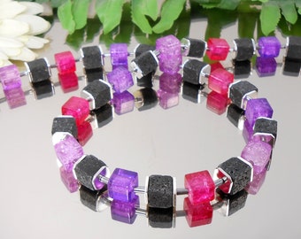 Lava cube Necklace-necklace with Crackle glass cubes purple tones + hematite tubes