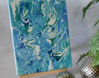 Acrylic painting on canvas 24 x 18 cm Turquoise green tones-flow technique-pouring-abstract art-modern