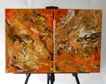 Set 2nd. Acrylic paintings painting on canvas 40 x 30 cm Orange brown white-flow technique-pouring-abstract art-modern A011