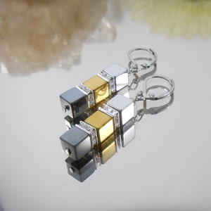 Earrings Hematite Black Silver gold rhinestone squares Stainless Steel folding Brisur image 2