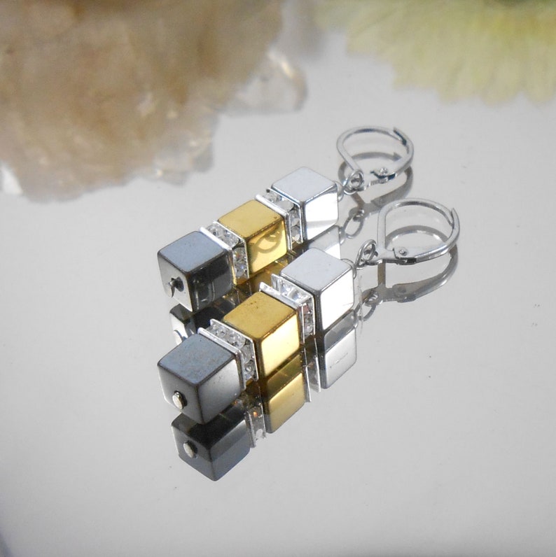 Earrings Hematite Black Silver gold rhinestone squares Stainless Steel folding Brisur image 2