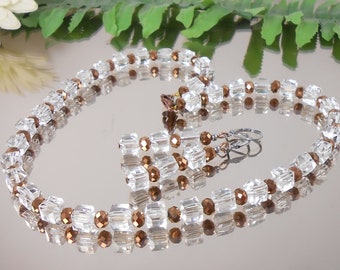 ღ 2erSET/Brilliant sparkling design glass cube necklace transparent + copper