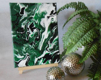 Acrylic painting on canvas 24 x 18 cm green tones-flow technique-pouring-abstract art-modern