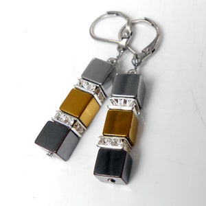 Earrings Hematite Black Silver gold rhinestone squares Stainless Steel folding Brisur image 1