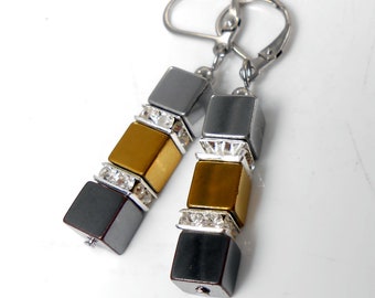 Earrings Hematite Black Silver gold + rhinestone squares + Stainless Steel folding Brisur