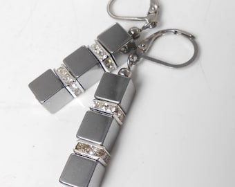 Earrings Hematite Cube in Silver + Rhinestone Squares + Stainless Steel Folding Brisur