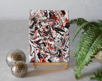 Acrylic painting on canvas 24 x 18 cm black white red-flow technique-pouring-abstract art-modern
