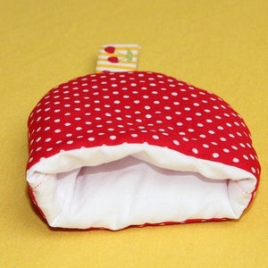 4 egg warmers red and white dots with woven ribbon cherries, sewn, fabric image 4