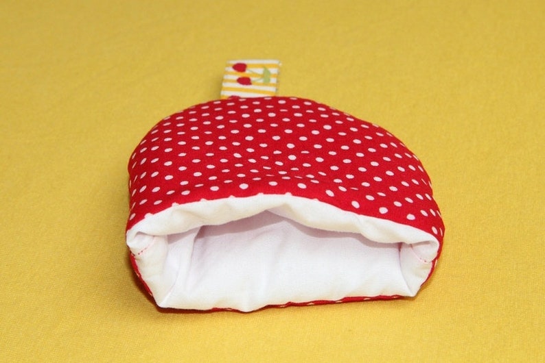 4 egg warmers red and white dots with woven ribbon cherries, sewn, fabric image 4