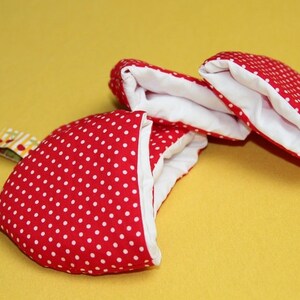 4 egg warmers red and white dots with woven ribbon cherries, sewn, fabric image 2