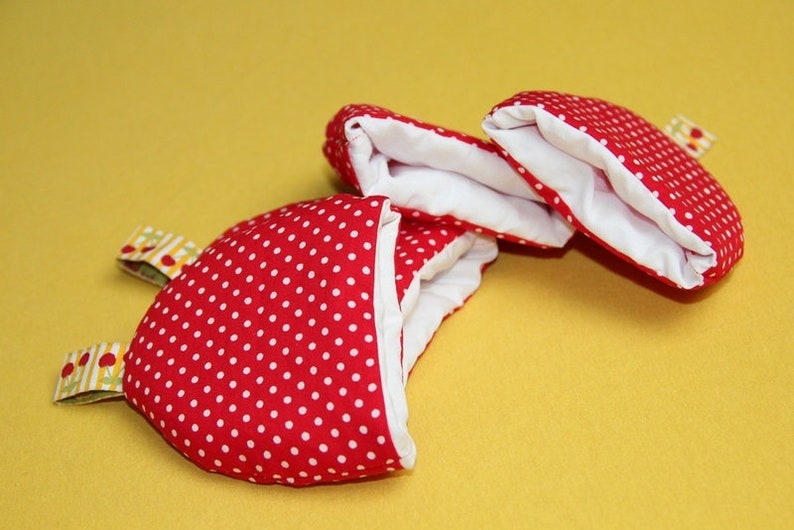 4 egg warmers red and white dots with woven ribbon cherries, sewn, fabric image 2