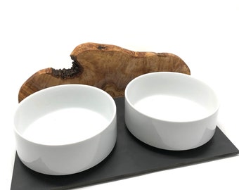 Double feeding station MOUNTAIN made of olive wood with 2 porcelain bowls 1.5 liter