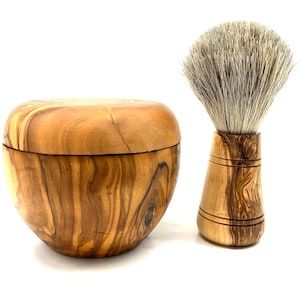 Set of 2: Shaving brush with plucked real badger hair incl. shaving pot made of olive wood