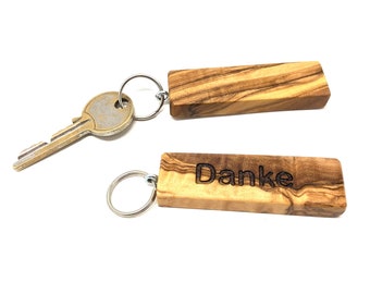 Porte-clés avec motif MERCI en bois d'olivier avec anneau en métal déclaration souvenir cadeau