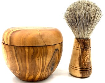 Set of 2: Shaving brush with plucked real badger hair incl. shaving pot made of olive wood