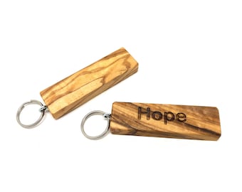 Porte-clés avec motif HOPE en bois d'olivier avec anneau en métal déclaration souvenir cadeau