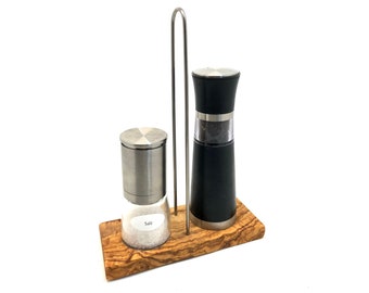 Coaster DUO with carrying handle for salt and pepper mill made of olive wood