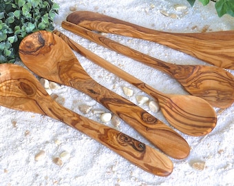 Set of 5: wooden spoon, spatula, salad servers, olive wood