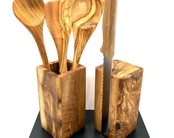 Knife block + utensil cup "Bonny & Clyde" made of olive wood