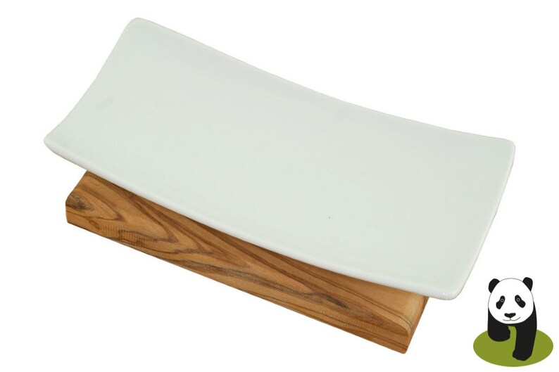 Porcelain soap dish with olive wood plate image 1