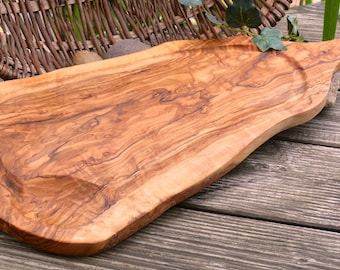 Tabla para bistec con ranura para zumo y asa, de unos 40 - 44 cm de madera de olivo