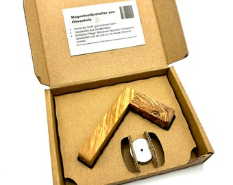 Magnetseifenhalter 9 cm Olivenholz mit nachhaltiger Verpackung "NATURE" Geschenk