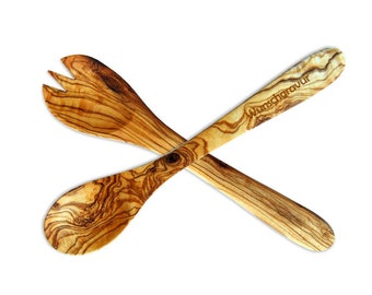 Salad servers MEDIUM with engraving, made of olive wood