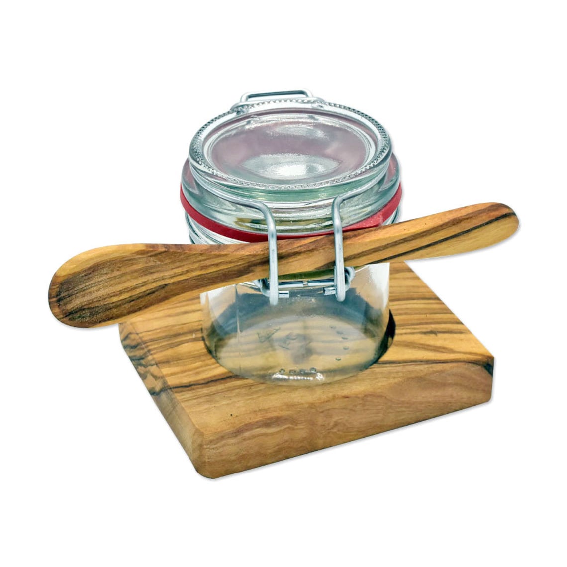 Small mason jar with spoon and base made of olive wood Etsy