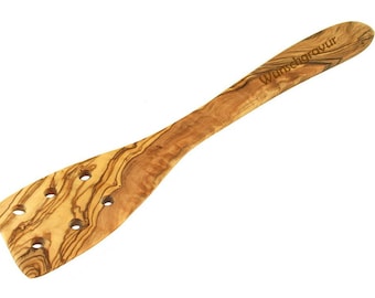 Spatula with holes and engraving made of olive wood