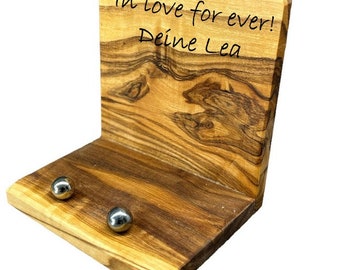 Soporte para móvil de madera de olivo con grabado individual