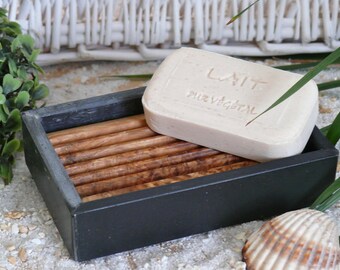 Slate soap dish with olive wood inlay