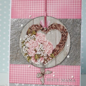 Mother&#39;s Day Card &quot;Pink Roses on Heart Wreath&quot;