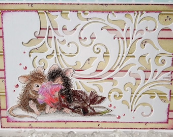 Glückwunschkarte "Mäuschen mit rosa Rose"