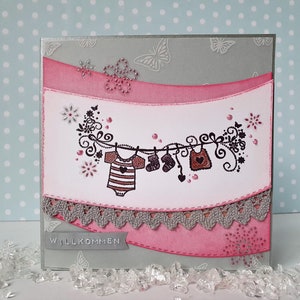 Carte bébé « Corde à linge avec rose »