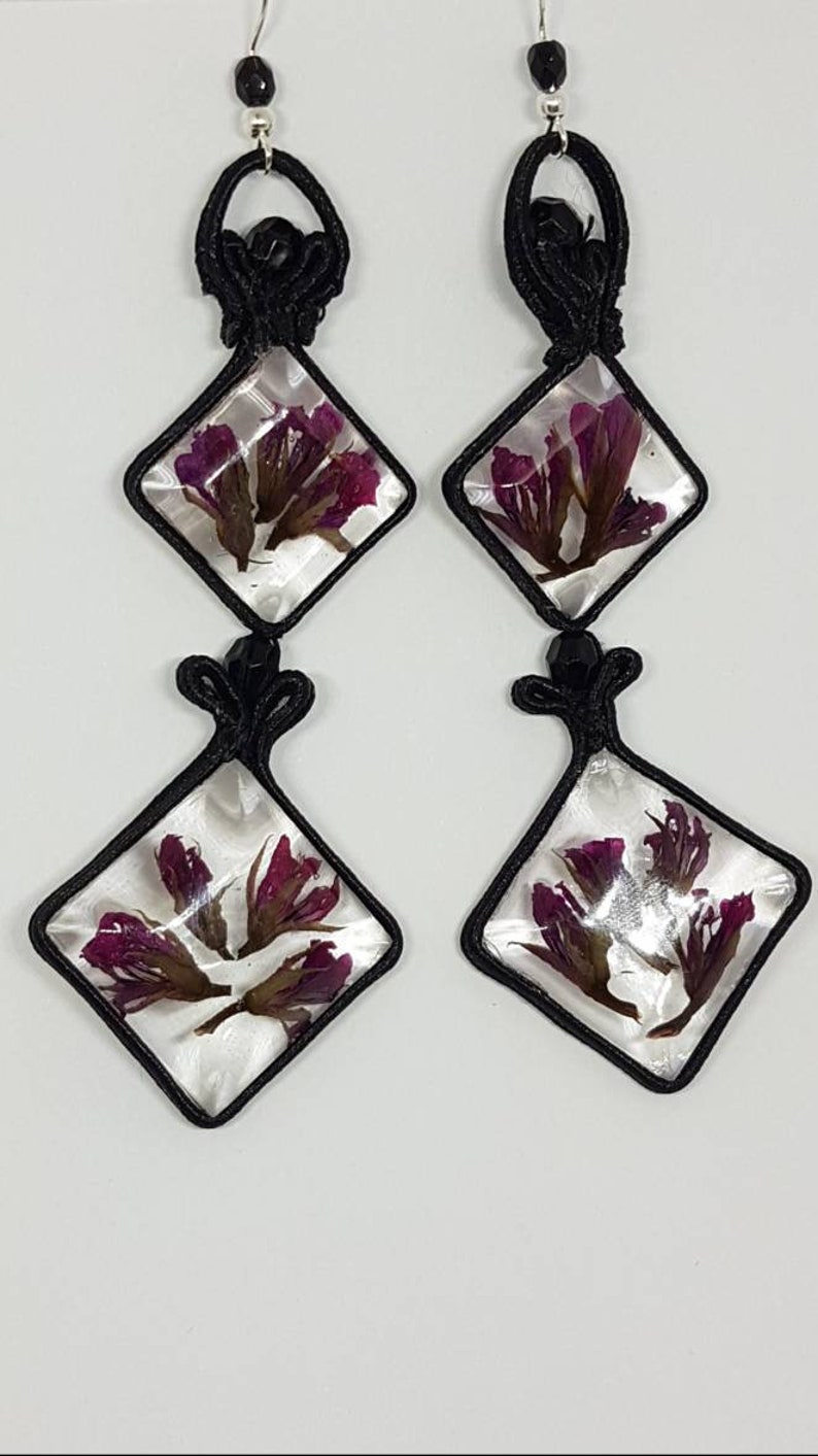 silver foil and copper Soutache technique Resin pendant real flowers Hand Made
