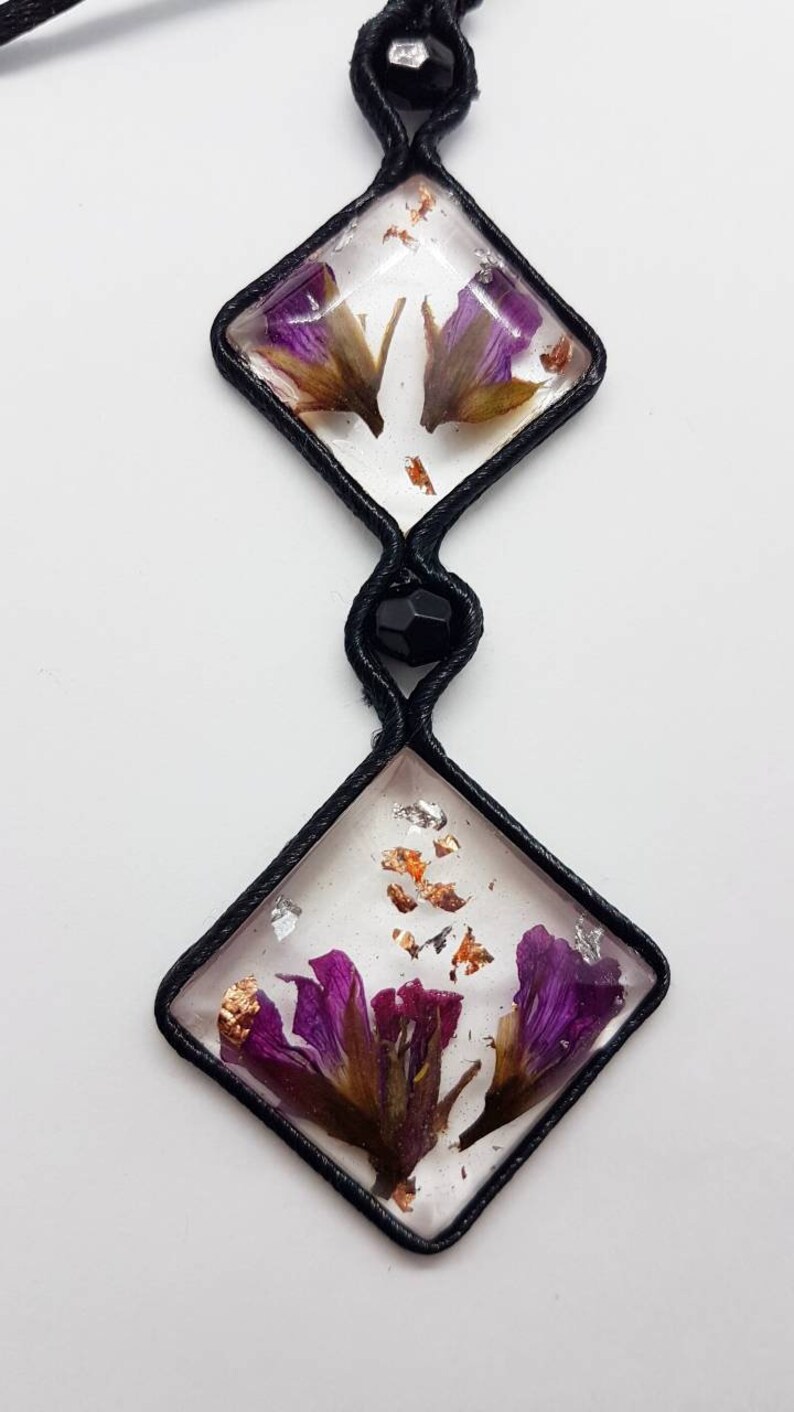silver foil and copper Soutache technique Resin pendant real flowers Hand Made