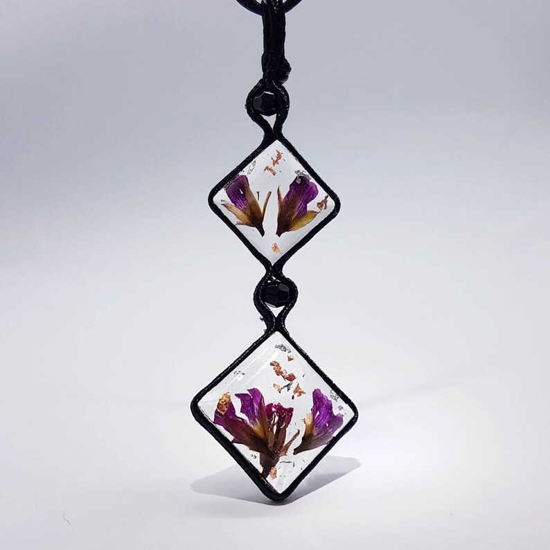 silver foil and copper Soutache technique Resin pendant real flowers Hand Made
