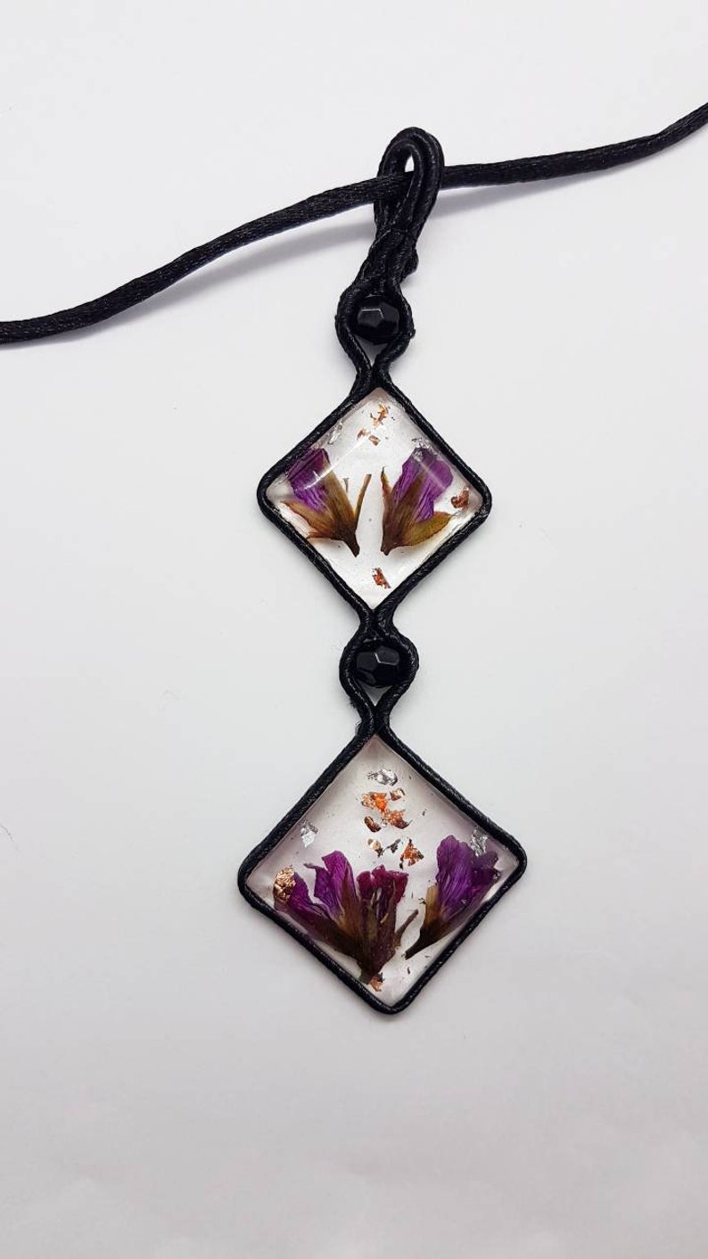 silver foil and copper Soutache technique Resin pendant real flowers Hand Made