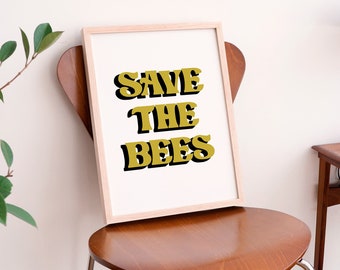 Save The Bees Retro Vegan Recycled Art Print Poster, A6, A5, A4