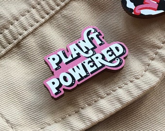 Plant Powered Pink Retro Wooden Pin Badge