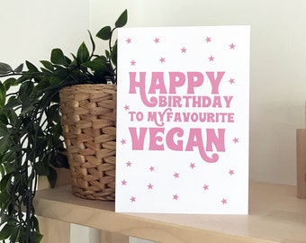 Retro Vegan Birthday Greeting Card Pink Stars