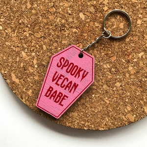 Spooky Vegan Babe Pink Coffin Halloween Keyring Wood Gift image 1