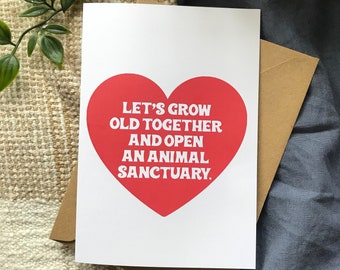 Let's Open An Animal Sanctuary Vegan Valentine Card Red Heart Retro Eco Friendly